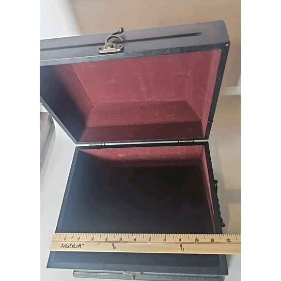 Wood Box Treasure Chest Brown Lined Storage Organization 10x12x6 - Picture 14 of 16